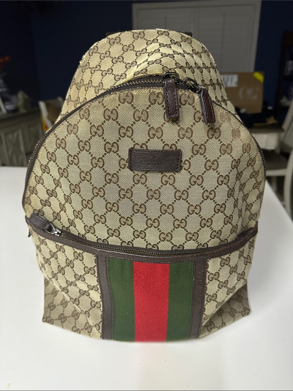 Gucci Brown GG Canvas Backpack with Red & Green Web Stripe
